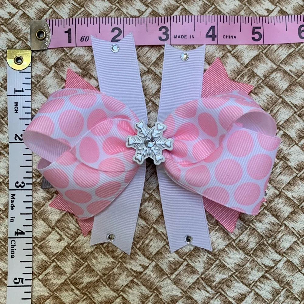 Artisan Hand Crafted Pink Hair Bow Snowflake Winter Theme Print